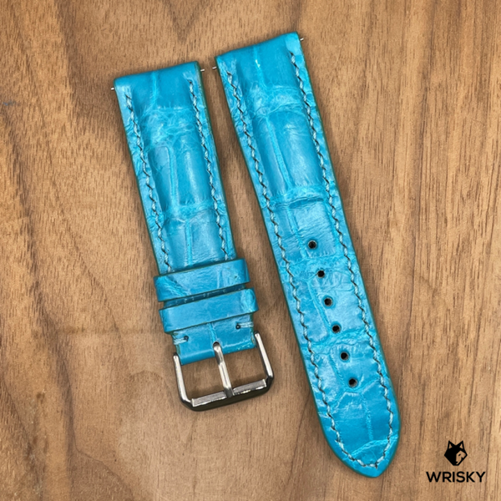 #999 (Quick Release Spring Bar) 22/20mm Sky Blue Crocodile Belly Leather Watch Strap with Blue Stitches