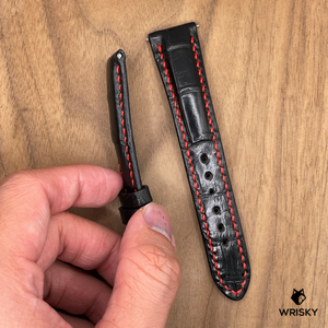 #1055 (Quick Release Spring Bar) 20/16mm Black Crocodile Belly Leather Watch Strap with Red Stitches