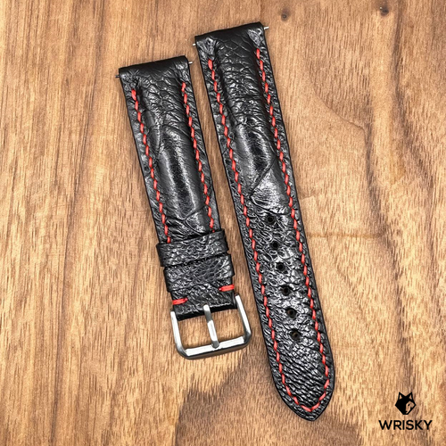 #766 (Quick Release Spring Bar) 20/18mm Black Ostrich Leather Watch Strap with Red Stitch