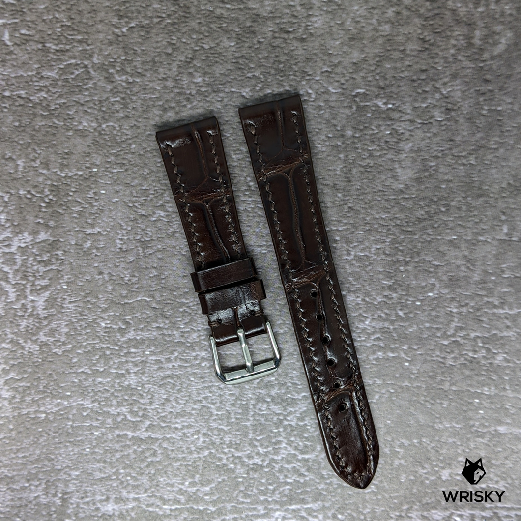 #416 19/16mm Dark Brown Crocodile Belly Leather Watch Strap with Brown Stitches