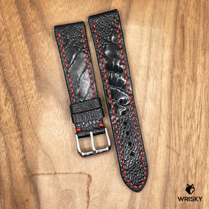 #917 (Quick Release Spring Bar) 20/18mm Black Ostrich Leg Leather Watch Strap with Red Stitches