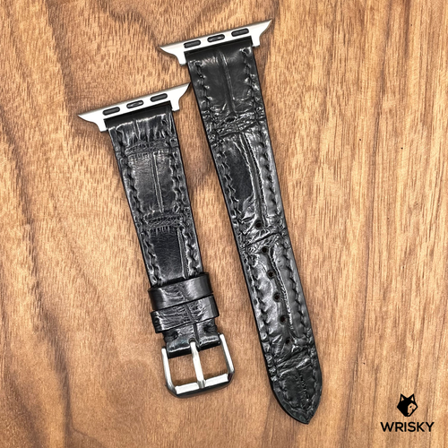 #756 (Suitable for Apple Watch) Black Crocodile Leather Watch Strap with Black Stitches