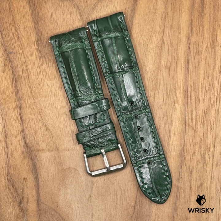 #1002 (Quick Release Spring Bar) 22/20mm Dark Green Crocodile Belly Leather Watch Strap with Dark Green Stitches