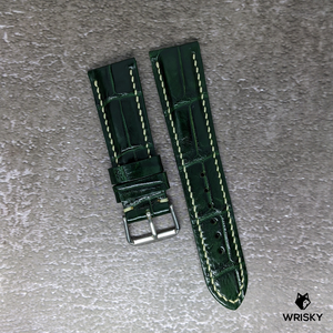 #461 22/20mm Dark Green Crocodile Belly Leather Watch Strap with Cream Stitches