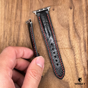 #800 (Suitable for Apple Watch) Black Ostrich Leather Watch Strap with Red Stitch