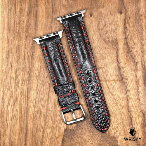 #800 (Suitable for Apple Watch) Black Ostrich Leather Watch Strap with Red Stitch