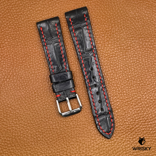 #749 20/16mm Black Crocodile Belly Leather Watch Strap with Red Stitches