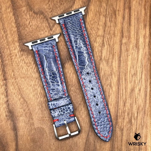 #751 (Suitable for Apple Watch) Deep Sea Blue Ostrich Leg Leather Watch Strap with Red Stitches