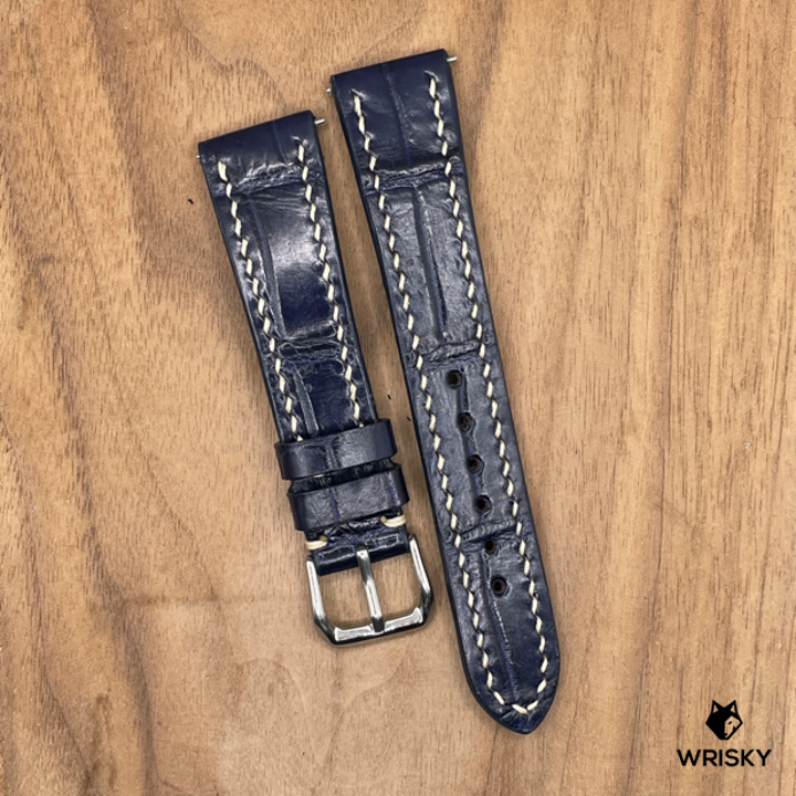 #1051 (Quick Release Spring Bar) 20/16mm Dark Blue Crocodile Belly Leather Watch Strap with Cream Stitches