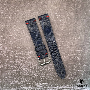 #613 18/16mm (Quick Release Spring Bar) Deep Sea Blue Ostrich Leg Leather Watch Strap with Red Vintage Stitch