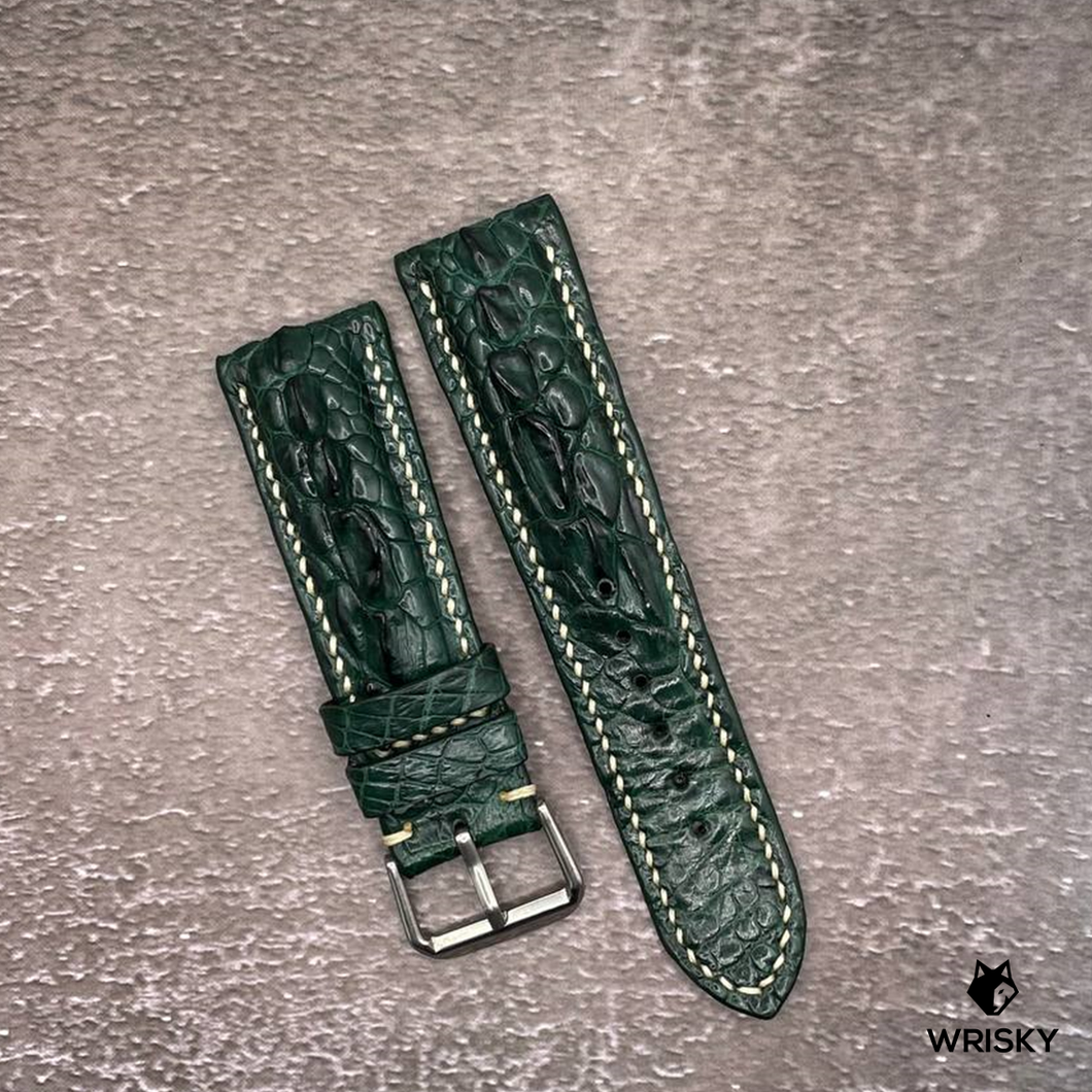 #530 22/20mm Dark Green Hornback Crocodile Leather Watch Strap with Cream Stitches