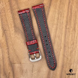 #1057 (Quick Release Spring Bar) 20/16mm Glossy Wine Red Crocodile Belly Leather Watch Strap with Red Stitches
