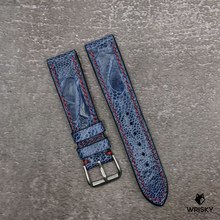 Load image into Gallery viewer, #491 20/18mm Deep Sea Blue Ostrich Leg Leather Watch Strap with Red Stitches