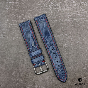 #491 20/18mm Deep Sea Blue Ostrich Leg Leather Watch Strap with Red Stitches