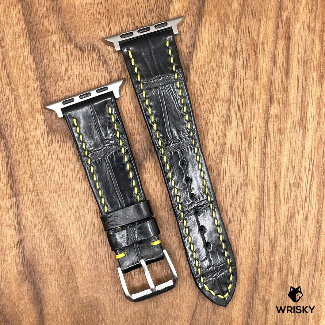 #758 (Suitable for Apple Watch) Black Crocodile Belly Leather Watch Strap with Yellow Stitches