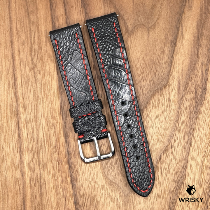 #919 (Quick Release Spring Bar) 20/18mm Black Ostrich Leg Leather Watch Strap with Red Stitches
