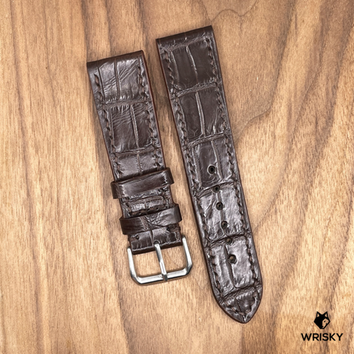 #980 22/20mm Dark Brown Crocodile Belly Leather Watch Strap with Dark Brown Stitches