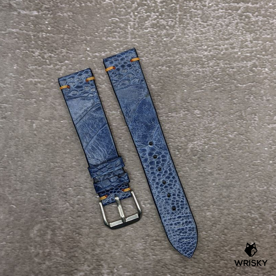 #493 18/16mm Deep Sea Blue Ostrich Leg Leather Watch Strap with Orange Vintage Stitch