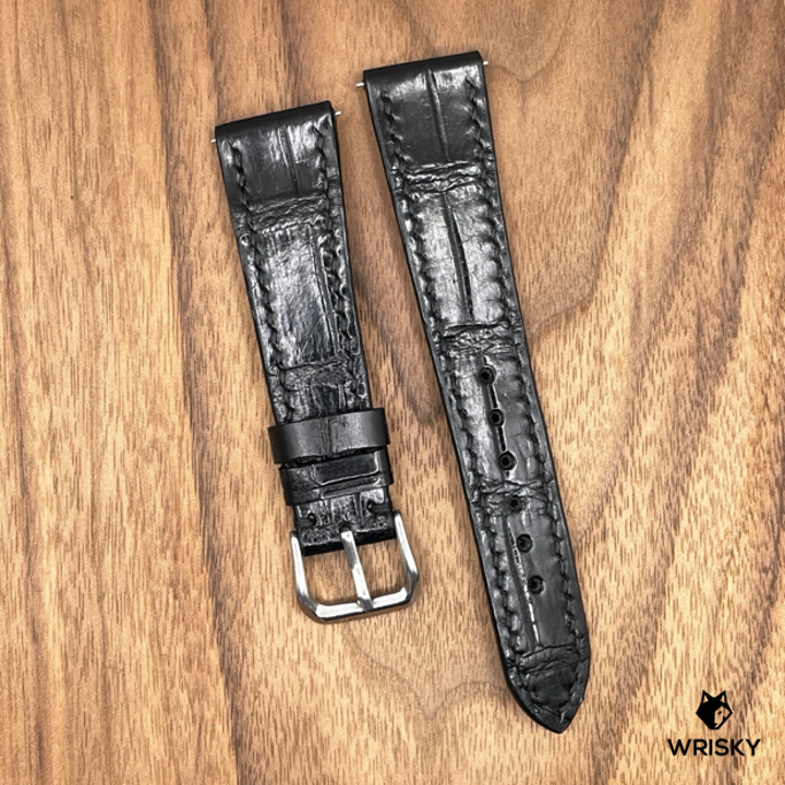 #920 (Quick Release Spring Bar) 20/16mm Black Crocodile Belly Leather Watch Strap with Black Stitches