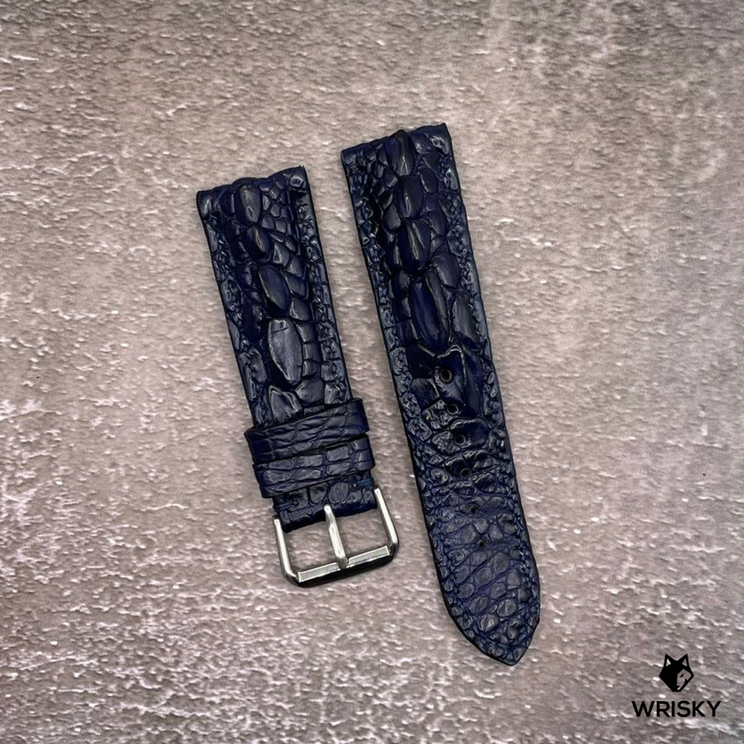 #532 22/20mm Deep Sea Blue Hornback Crocodile Leather Watch Strap with Blue Stitches