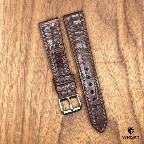 #830 (Quick Release Spring Bar) 19/16mm Dark Brown Crocodile Belly Leather Watch Strap with Brown Stitches