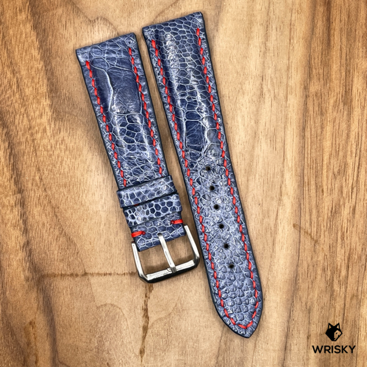 #890 22/18mm Deep Sea Blue Ostrich Leg Leather Watch Strap with Red Stitches