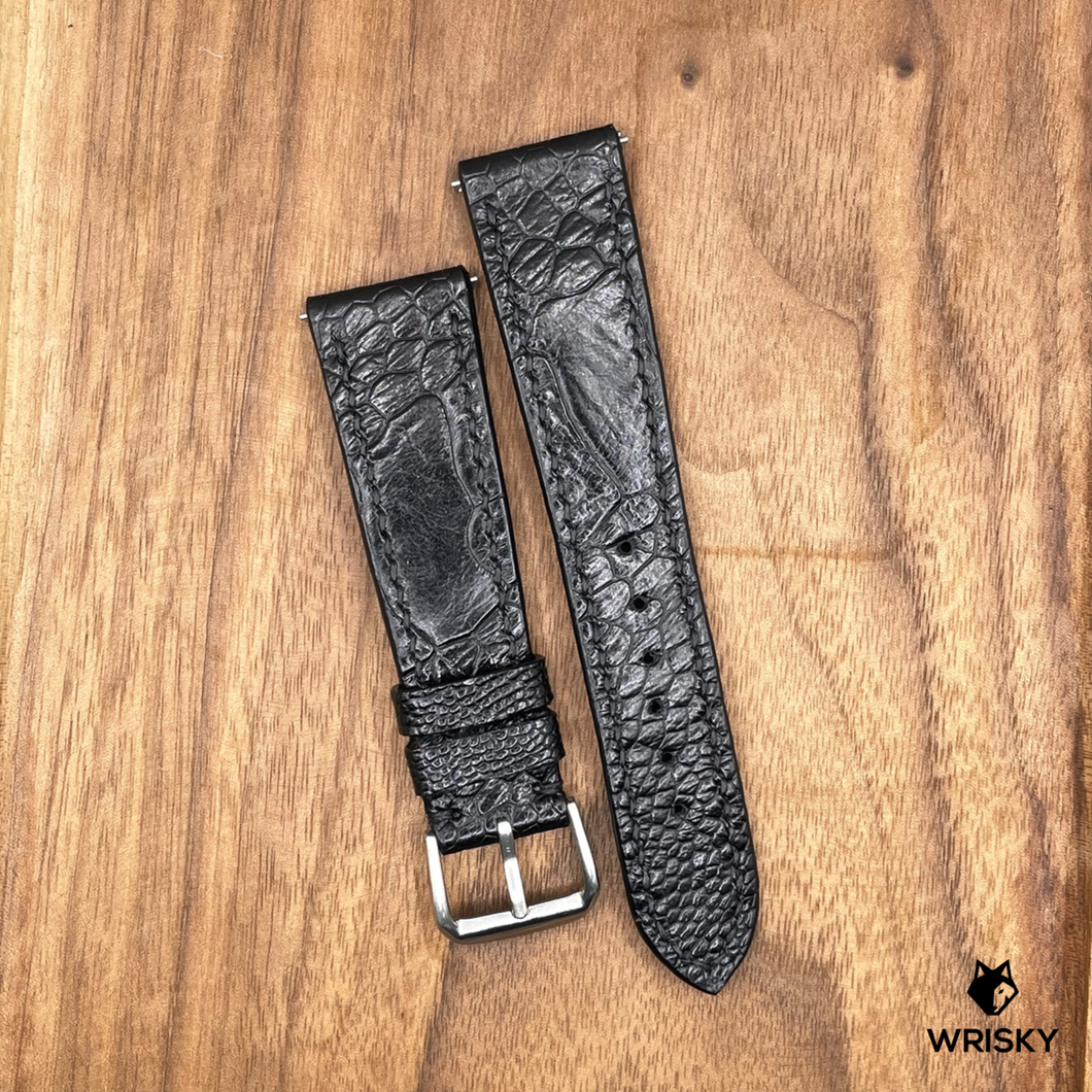 #809 (Quick Release Spring Bar) 22/18mm Black Ostrich Leg Leather Watch Strap with Black Stitches