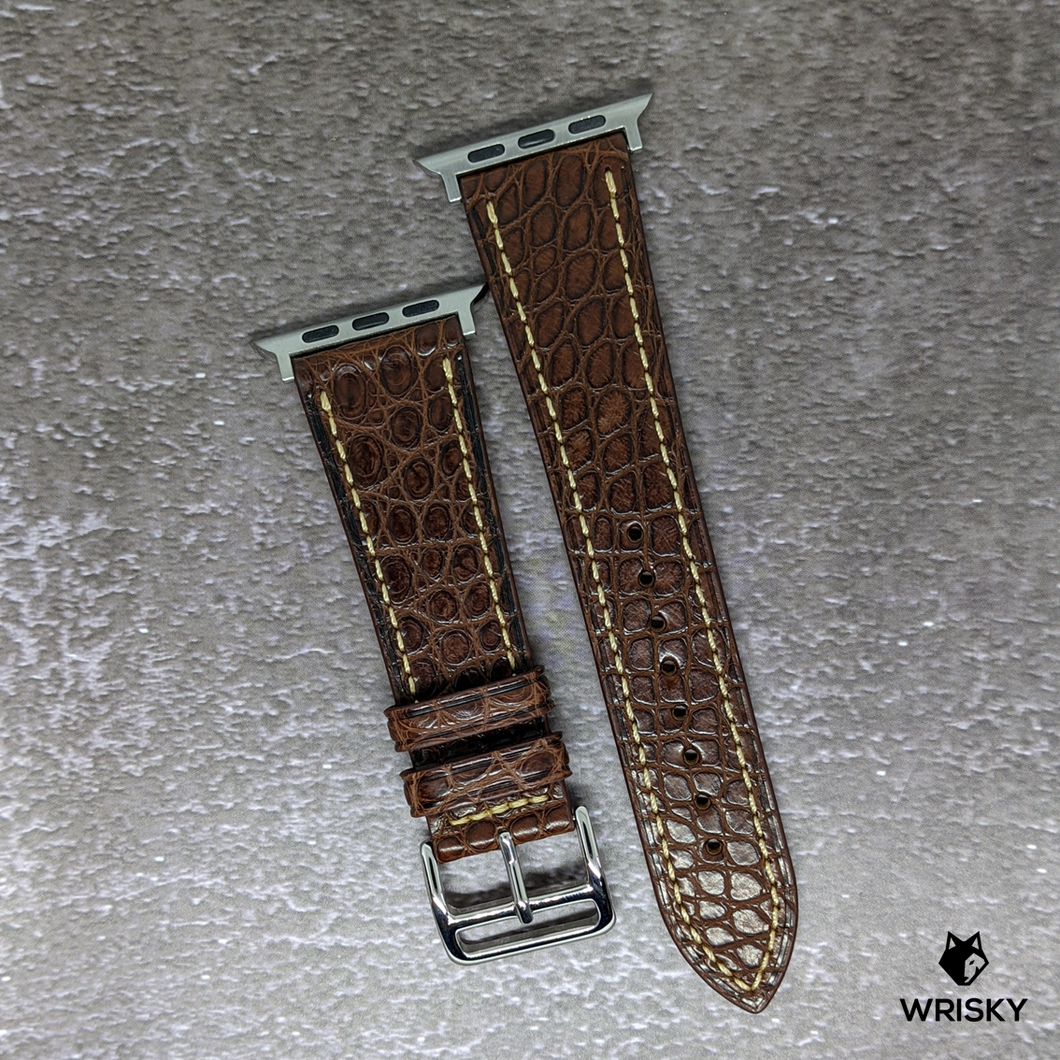 #445 (Suitable for Apple Watch) Dark Brown Crocodile Belly Leather Strap with Cream Stitches