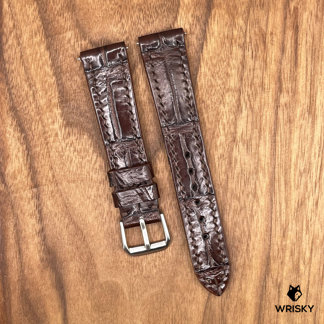 #731 (Quick Release Spring Bar) 19/16mm Brown Crocodile Belly Leather Watch Strap with Brown Stitches