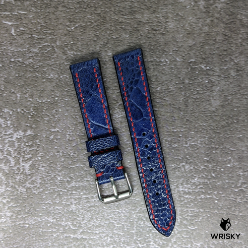 #479 18/16mm Deep Sea Blue Ostrich Leg Leather Watch Strap with Red Stitches