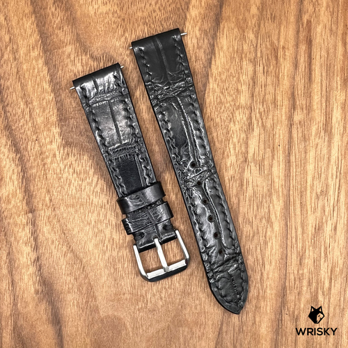 #760 20/16mm Black Crocodile Belly Leather Watch Strap with Black Stitches