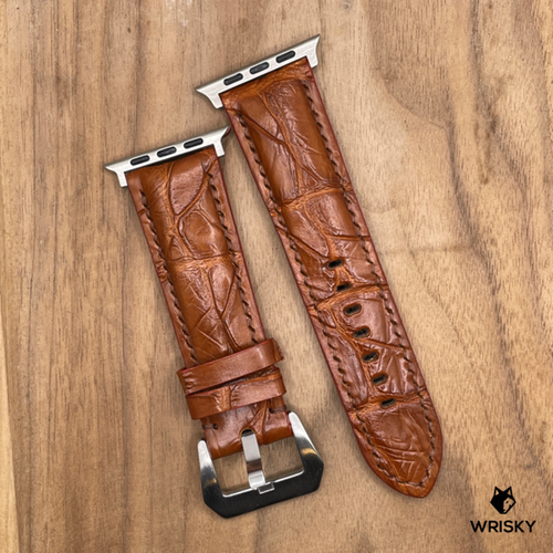 #1036 (Suitable for Apple Watch) Cognac Brown Crocodile Belly Leather Watch Strap with Brown Stitches