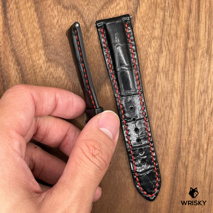 #656 (Quick Release Spring Bar) 22/18mm Black Crocodile Leather Watch Strap with Red Stitches