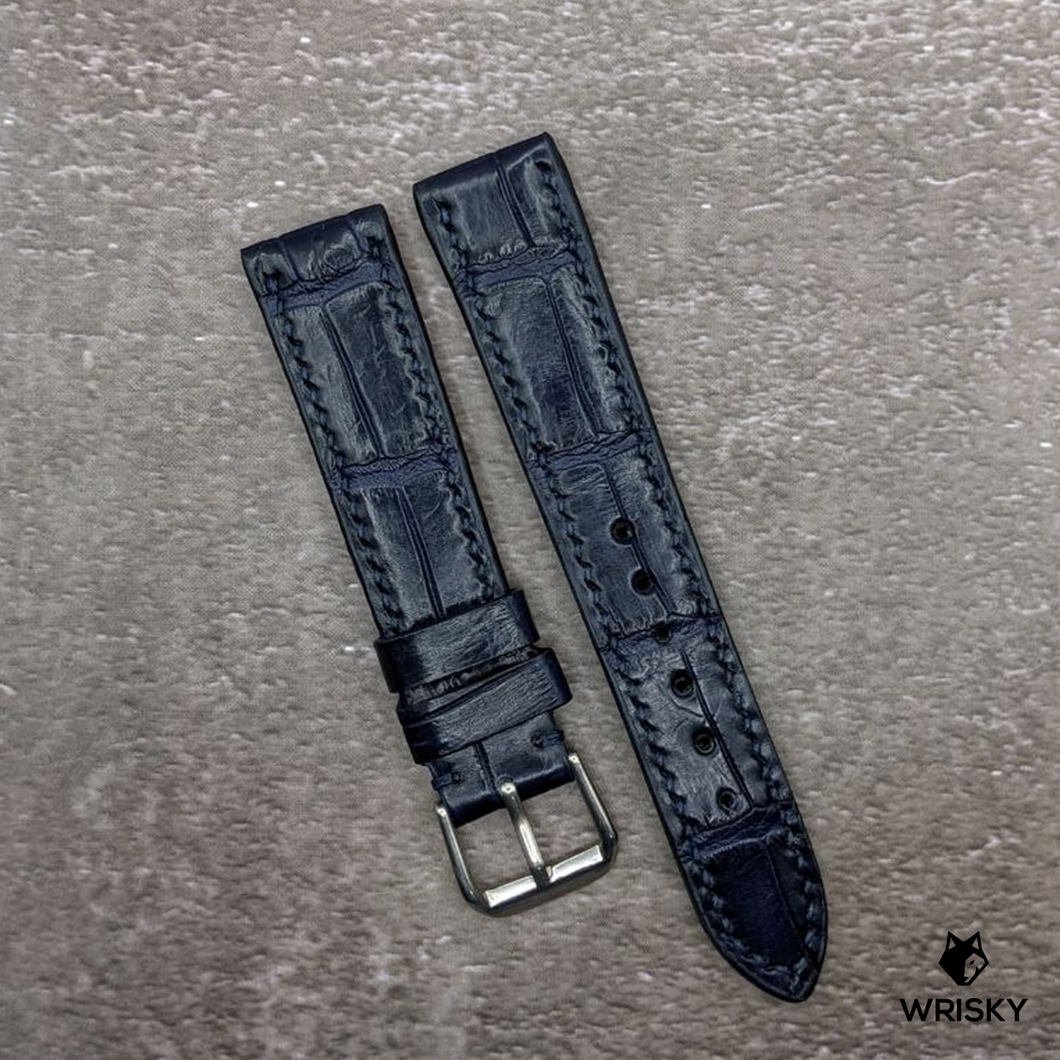 #500 19/16mm Dark Blue Crocodile Belly Leather Watch Strap with Blue Stitches