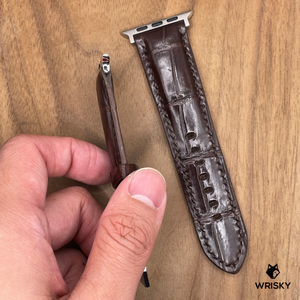 #1040 (Suitable for Apple Watch) Dark Brown Crocodile Belly Leather Watch Strap with Dark Brown Stitches