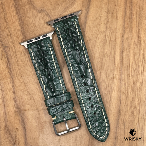 #1013 (Suitable for Apple Watch) Dark Green Crocodile Hornback Leather Watch Strap with Cream Stitches