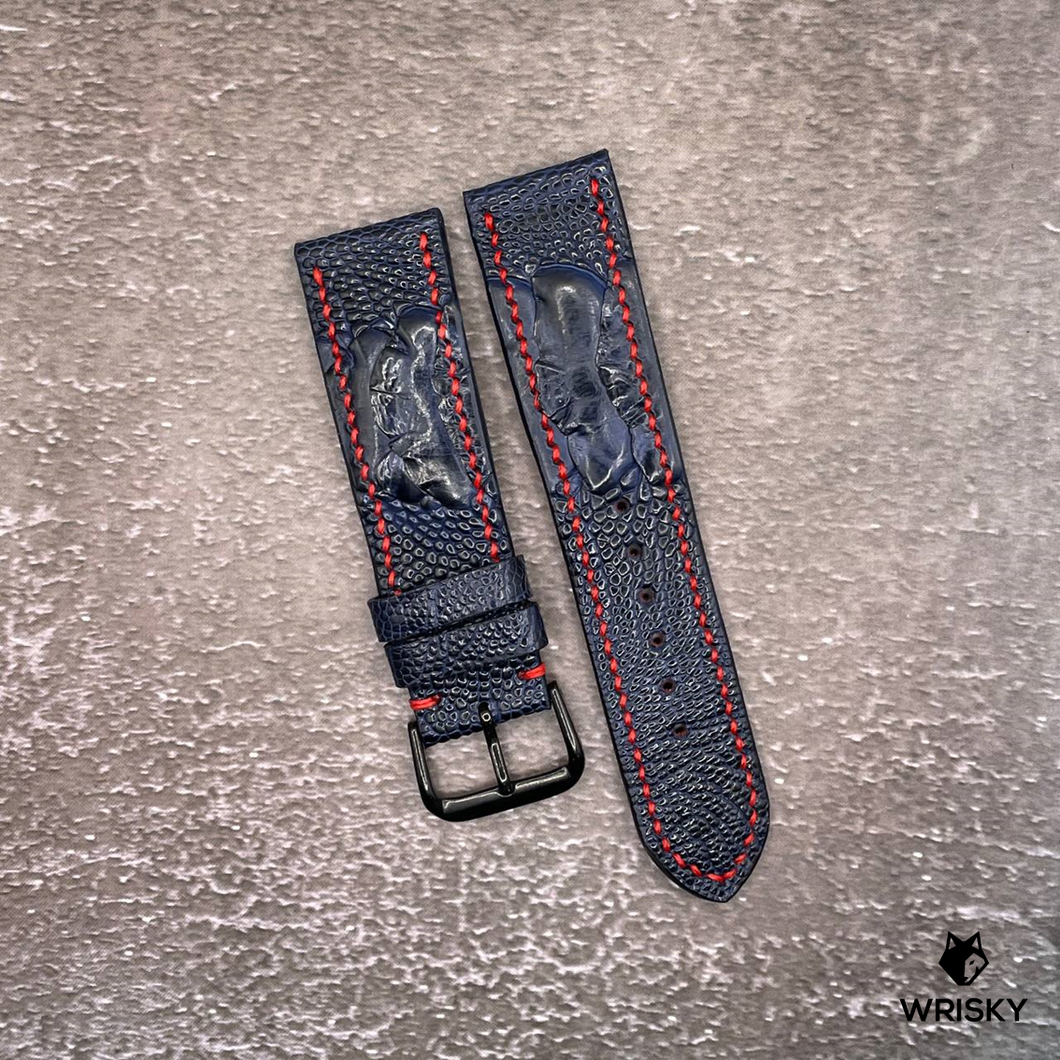 #574 22/20mm Deep Sea Blue Ostrich Leg Leather Watch Strap with Red Stitches