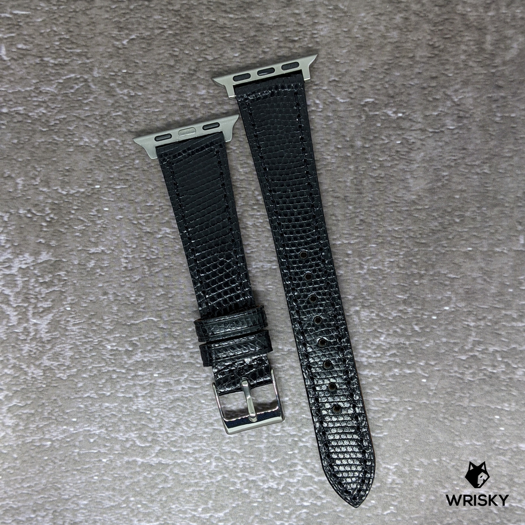 #446 (Suitable for Apple Watch) Black Lizard Leather Watch Strap with Black Stitch