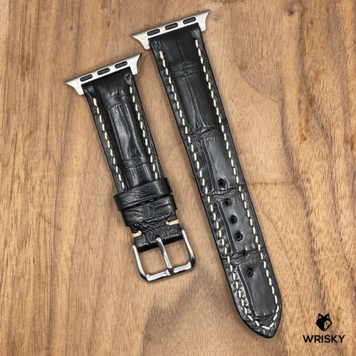 #958 (Suitable for Apple Watch) Black Crocodile Belly Leather Watch Strap with Cream Stitches