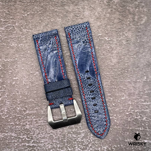#534 24/22mm Deep Sea Blue Ostrich Leg Leather Watch Strap with Red Stitches