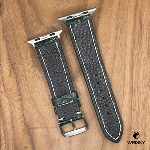 #1013 (Suitable for Apple Watch) Dark Green Crocodile Hornback Leather Watch Strap with Cream Stitches