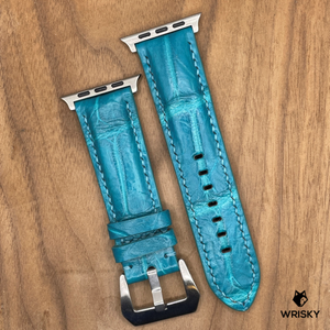 #1034 (Suitable for Apple Watch) Turquoise Crocodile Belly Leather Watch Strap with Light Blue Stitches