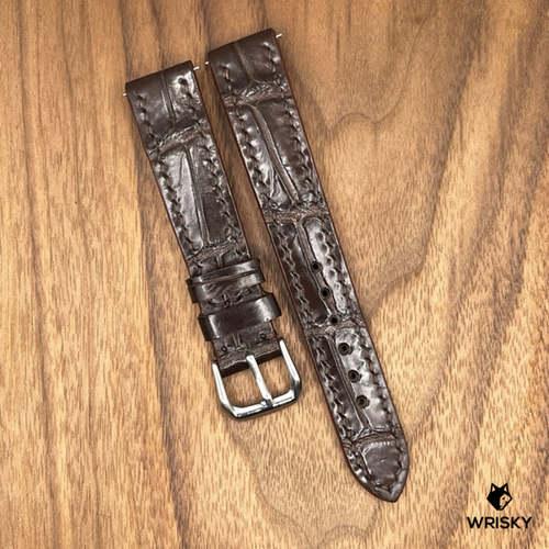 #902 (Quick Release Spring Bar) 18/16mm Dark Brown Crocodile Belly Leather Watch Strap with Dark Brown Stitches