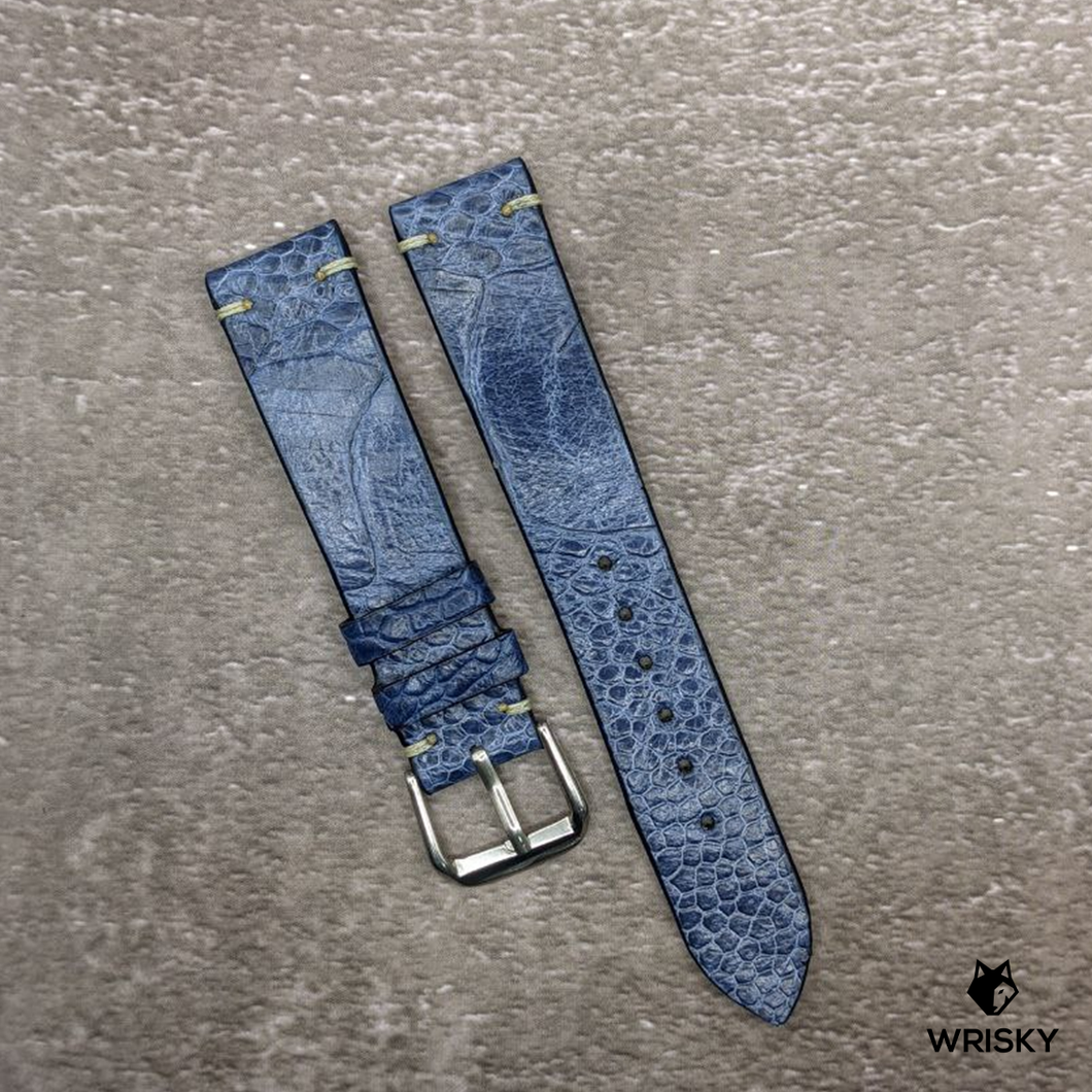 #498 18/16mm Deep Sea Blue Ostrich Leg Leather Watch Strap with White Vintage Stitch