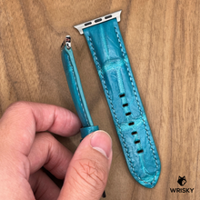 Load image into Gallery viewer, #1034 (Suitable for Apple Watch) Turquoise Crocodile Belly Leather Watch Strap with Light Blue Stitches
