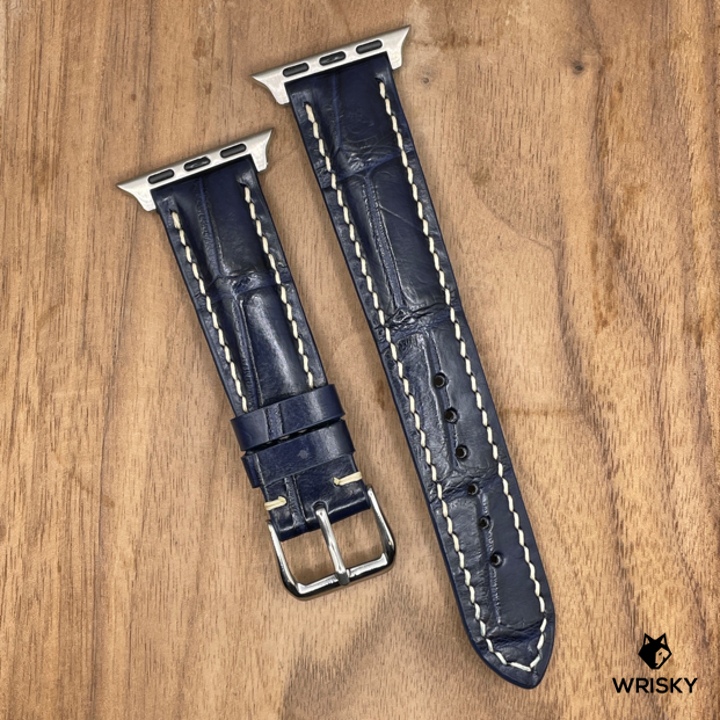 #959 (Suitable for Apple Watch) Dark Blue Crocodile Belly Leather Watch Strap with Cream Stitches