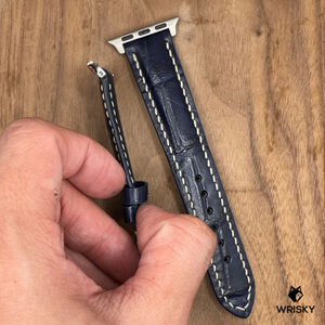 #959 (Suitable for Apple Watch) Dark Blue Crocodile Belly Leather Watch Strap with Cream Stitches