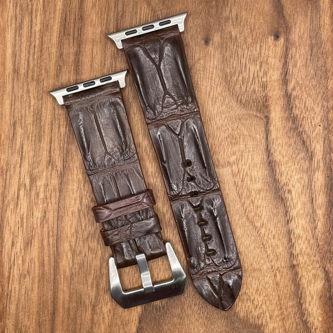 #699 (Suitable for Apple Watch) Dark Brown Double Row Hornback Crocodile Leather Watch Strap
