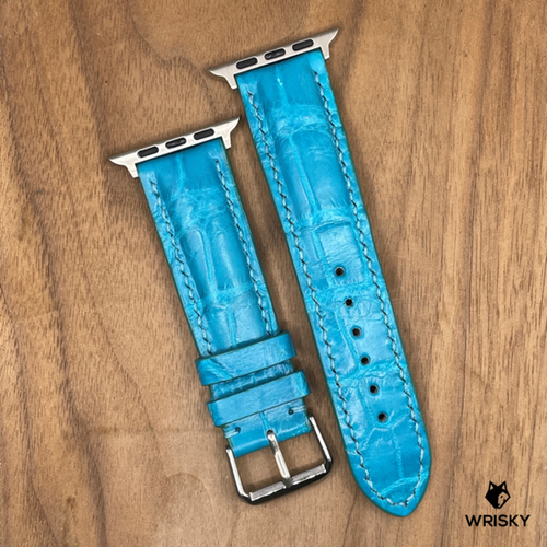 #1008 (Suitable for Apple Watch) Sky Blue Crocodile Belly Leather Watch Strap with Blue Stitches