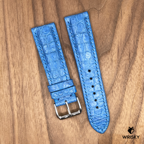 #975  22/20mm Sky Blue Crocodile Belly Leather Watch Strap with Blue Stitches